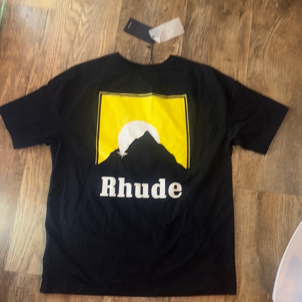 Rhude Black Tee with Yellow Mountain Graphic